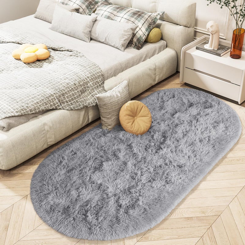 LOCHAS Bedroom Rug 2.6' x 5.3', Gray Fluffy Shaggy Area Rug for Bedroom Bedside, Soft Oval Throw Rugs Carpet for Kids Girls Nursery Living Room Home Decor - Image 3
